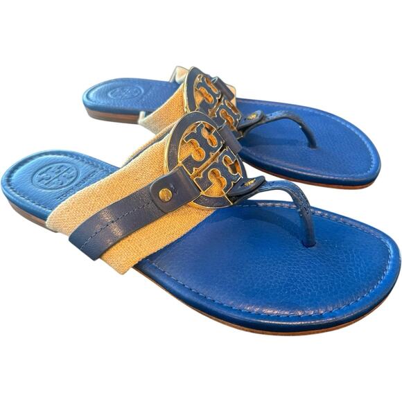 Tory Burch Amanda Leather/Textile Blue/Natural Sandals Women’s Size 8 - Picture 2 of 8